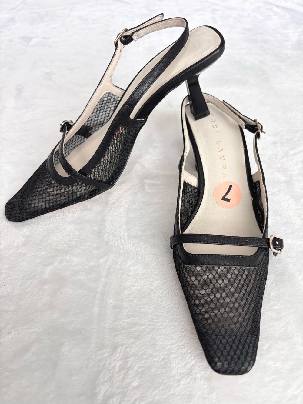 YOSI SAMRA Kate Black Mesh Leather Slingback Kitten Heel Pump--NEW--7